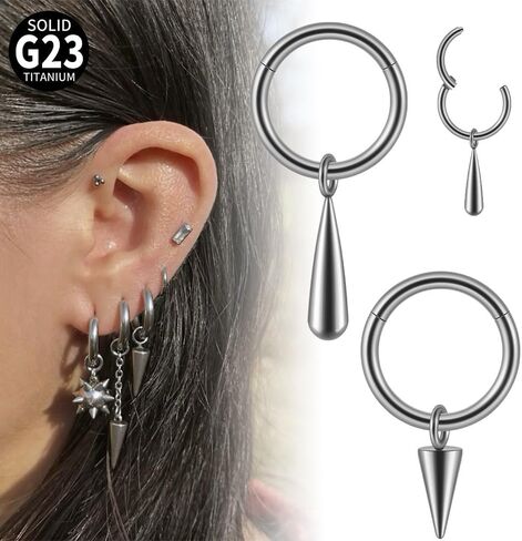 Niaspi 16G G23 Titanium Spike Dangle Hoop Earrings for Women Men Cartilage Conch Helix 8mm Huggie Hoops Earrings Dangling Hinged Septum Rings Lip Ring Statement Body Piercing Jewelry in Saudi Arabia