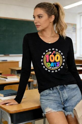 RECUTEWU 100 Days of School Shirt for Teacher: Long Sleeve Teachers Tee 100th Celebration Teaching Gifts Tshirt Tops in Saudi Arabia