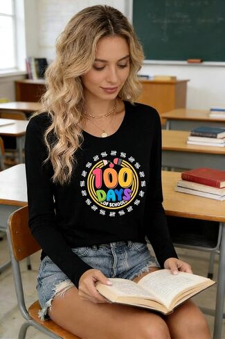 RECUTEWU 100 Days of School Shirt for Teacher: Long Sleeve Teachers Tee 100th Celebration Teaching Gifts Tshirt Tops in Saudi Arabia