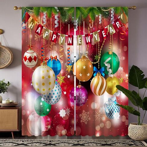 Christmas Curtains Red, Holiday Drapes with Multicolor Ornaments and Stars, Decorative Rod Pocket Room Darkening Window Panels for Living Room Bedroom Party Décor, 2 Panels 21x45 Inch in Saudi Arabia