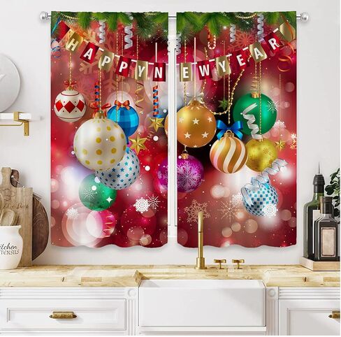 Christmas Curtains Red, Holiday Drapes with Multicolor Ornaments and Stars, Decorative Rod Pocket Room Darkening Window Panels for Living Room Bedroom Party Décor, 2 Panels 21x45 Inch in Saudi Arabia