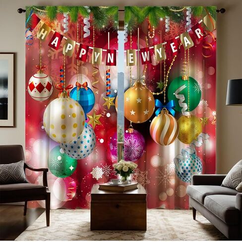 Christmas Curtains Red, Holiday Drapes with Multicolor Ornaments and Stars, Decorative Rod Pocket Room Darkening Window Panels for Living Room Bedroom Party Décor, 2 Panels 21x45 Inch in Saudi Arabia