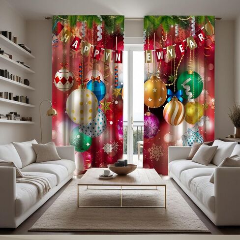 Christmas Curtains Red, Holiday Drapes with Multicolor Ornaments and Stars, Decorative Rod Pocket Room Darkening Window Panels for Living Room Bedroom Party Décor, 2 Panels 21x45 Inch in Saudi Arabia