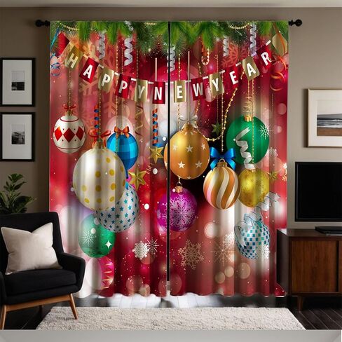 Christmas Curtains Red, Holiday Drapes with Multicolor Ornaments and Stars, Decorative Rod Pocket Room Darkening Window Panels for Living Room Bedroom Party Décor, 2 Panels 21x45 Inch in Saudi Arabia