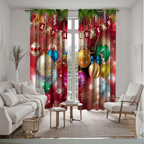 Christmas Curtains Red, Holiday Drapes with Multicolor Ornaments and Stars, Decorative Rod Pocket Room Darkening Window Panels for Living Room Bedroom Party Décor, 2 Panels 21x45 Inch in Saudi Arabia