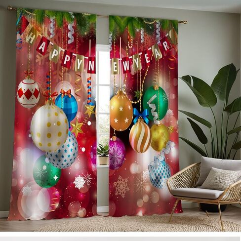 Christmas Curtains Red, Holiday Drapes with Multicolor Ornaments and Stars, Decorative Rod Pocket Room Darkening Window Panels for Living Room Bedroom Party Décor, 2 Panels 21x45 Inch in Saudi Arabia