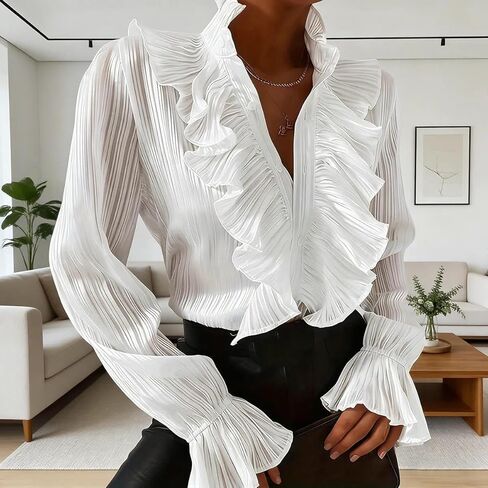 Lace Sleeve Blouse for Women Long Sleeve Solid Color Shirt in Saudi Arabia
