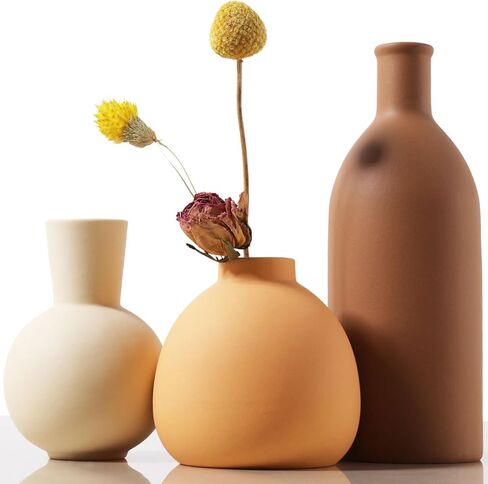 Joeabor Ceramic Vase Set of 3 - Handcrafted Ceramic Vases for Home Decor & Shelf - Modern Farmhouse Decor for Kitchen, Office, Bedroom & Living Room Decorative Objects for Mantel, Table Centerpieces in Kuwait