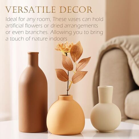 Joeabor Ceramic Vase Set of 3 - Handcrafted Ceramic Vases for Home Decor & Shelf - Modern Farmhouse Decor for Kitchen, Office, Bedroom & Living Room Decorative Objects for Mantel, Table Centerpieces in Kuwait