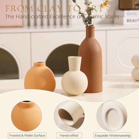 Joeabor Ceramic Vase Set of 3 - Handcrafted Ceramic Vases for Home Decor & Shelf - Modern Farmhouse Decor for Kitchen, Office, Bedroom & Living Room Decorative Objects for Mantel, Table Centerpieces in Kuwait