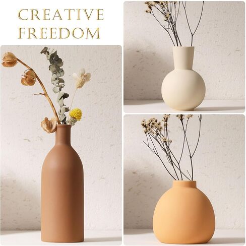 Joeabor Ceramic Vase Set of 3 - Handcrafted Ceramic Vases for Home Decor & Shelf - Modern Farmhouse Decor for Kitchen, Office, Bedroom & Living Room Decorative Objects for Mantel, Table Centerpieces in Kuwait
