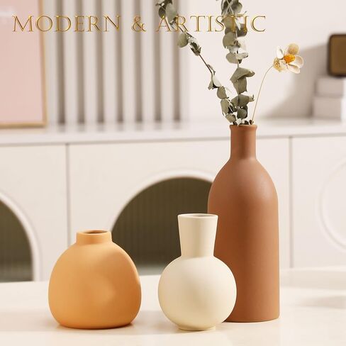 Joeabor Ceramic Vase Set of 3 - Handcrafted Ceramic Vases for Home Decor & Shelf - Modern Farmhouse Decor for Kitchen, Office, Bedroom & Living Room Decorative Objects for Mantel, Table Centerpieces in Kuwait
