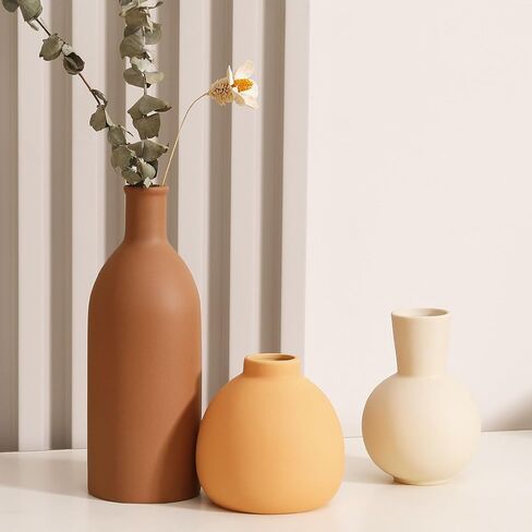 Joeabor Ceramic Vase Set of 3 - Handcrafted Ceramic Vases for Home Decor & Shelf - Modern Farmhouse Decor for Kitchen, Office, Bedroom & Living Room Decorative Objects for Mantel, Table Centerpieces in Kuwait