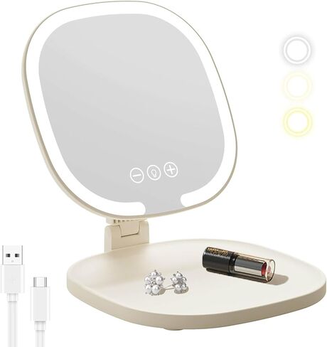 مرآة مكياج للسفر LED قابلة لإعادة الشحن من Lumicll، إضاءة 3 ألوان، شاشة تعمل باللمس عاكسة للضوء، مرآة زينة متعددة الزوايا قابلة للتعديل وقابلة للطي والمحمولة لسطح المكتب مع صينية تخزين (كريمي) in Saudi Arabia
