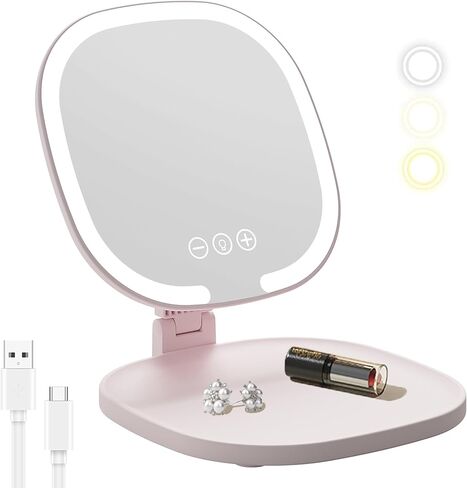 مرآة مكياج للسفر LED قابلة لإعادة الشحن من Lumicll، إضاءة 3 ألوان، شاشة تعمل باللمس عاكسة للضوء، مرآة زينة متعددة الزوايا قابلة للتعديل وقابلة للطي والمحمولة لسطح المكتب مع صينية تخزين (كريمي) in Saudi Arabia