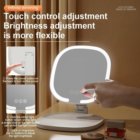 مرآة مكياج للسفر LED قابلة لإعادة الشحن من Lumicll، إضاءة 3 ألوان، شاشة تعمل باللمس عاكسة للضوء، مرآة زينة متعددة الزوايا قابلة للتعديل وقابلة للطي والمحمولة لسطح المكتب مع صينية تخزين (كريمي) in Saudi Arabia