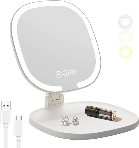 مرآة مكياج للسفر LED قابلة لإعادة الشحن من Lumicll، إضاءة 3 ألوان، شاشة تعمل باللمس عاكسة للضوء، مرآة زينة متعددة الزوايا قابلة للتعديل وقابلة للطي والمحمولة لسطح المكتب مع صينية تخزين (كريمي) in Saudi Arabia