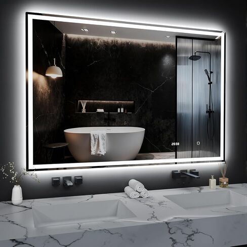 مرآة حمام LED DSNAPE مقاس 55 بوصة × 40 بوصة، مرآة حائط مع أضواء، زجاج مقسى، 3 ألوان قابلة للتعتيم، مضادة للضباب، إضاءة أمامية وخلفية، وظيفة الذاكرة، وظيفة درجة حرارة الوقت Espejos para Baños in Kuwait