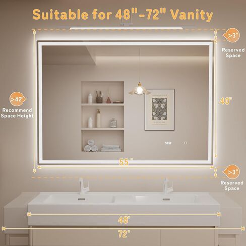 مرآة حمام LED DSNAPE مقاس 55 بوصة × 40 بوصة، مرآة حائط مع أضواء، زجاج مقسى، 3 ألوان قابلة للتعتيم، مضادة للضباب، إضاءة أمامية وخلفية، وظيفة الذاكرة، وظيفة درجة حرارة الوقت Espejos para Baños in Kuwait
