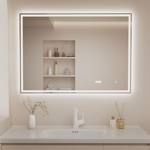 مرآة حمام LED DSNAPE مقاس 55 بوصة × 40 بوصة، مرآة حائط مع أضواء، زجاج مقسى، 3 ألوان قابلة للتعتيم، مضادة للضباب، إضاءة أمامية وخلفية، وظيفة الذاكرة، وظيفة درجة حرارة الوقت Espejos para Baños in Kuwait