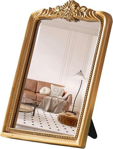 CMGL Gold Vintage Vanity Square Mirror, Antique Mirrors for Wall Decorative, Unique Cute Small Mirror, Table Top Makeup Framed Mirrors, Bathroom, Bedroom, Living Room,Fireplace,10.2" L x 7.3" W Gold in Saudi Arabia