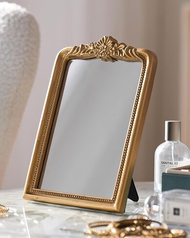 CMGL Gold Vintage Vanity Square Mirror, Antique Mirrors for Wall Decorative, Unique Cute Small Mirror, Table Top Makeup Framed Mirrors, Bathroom, Bedroom, Living Room,Fireplace,10.2" L x 7.3" W Gold in Saudi Arabia