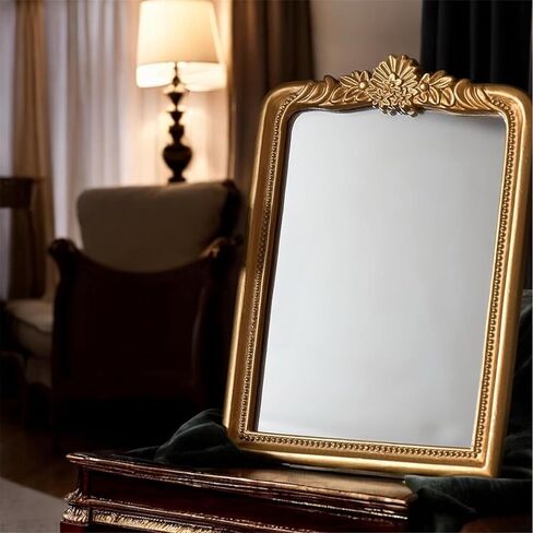 CMGL Gold Vintage Vanity Square Mirror, Antique Mirrors for Wall Decorative, Unique Cute Small Mirror, Table Top Makeup Framed Mirrors, Bathroom, Bedroom, Living Room,Fireplace,10.2" L x 7.3" W Gold in Saudi Arabia