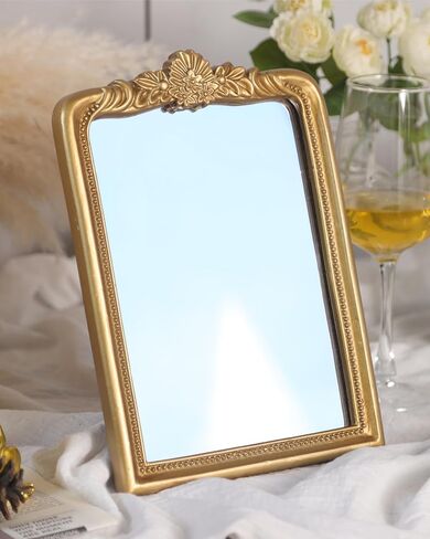 CMGL Gold Vintage Vanity Square Mirror, Antique Mirrors for Wall Decorative, Unique Cute Small Mirror, Table Top Makeup Framed Mirrors, Bathroom, Bedroom, Living Room,Fireplace,10.2" L x 7.3" W Gold in Saudi Arabia