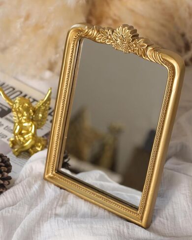 CMGL Gold Vintage Vanity Square Mirror, Antique Mirrors for Wall Decorative, Unique Cute Small Mirror, Table Top Makeup Framed Mirrors, Bathroom, Bedroom, Living Room,Fireplace,10.2" L x 7.3" W Gold in Saudi Arabia