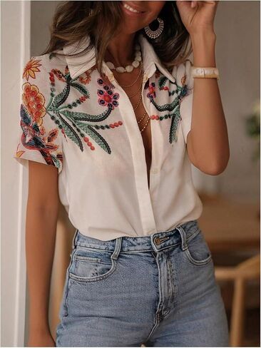 SHENHE Women's Button Down Short Sleeve Shirt Floral Tropical Boho Summer Dressy Blouse in Saudi Arabia