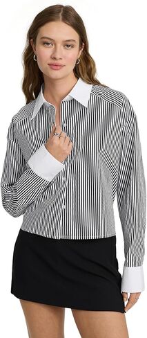 EXPRESS Women’s Cropped Portofino Shirt – Boyfriend Fit Long Sleeve Button-Up with Trendy Midriff Length – Stripe in Saudi Arabia
