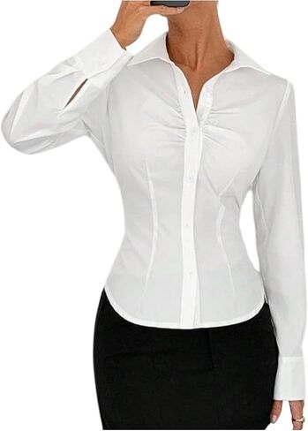 SweatyRocks Women's Button Down Shirts Slim Fit Long Sleeve Work Dress Shirt Blouses in Saudi Arabia