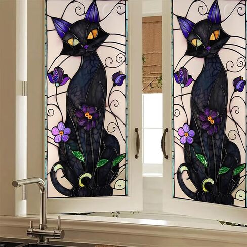 HOMETITUTE Gothic Black Cat Window Film Stained Glass Window Film Privacy Sun Blocking Static Cling Sticker Privacy Decorative Purple Flowers for Glass Door Bedroom Living Room 17.7 x 39.3 Inch in Saudi Arabia