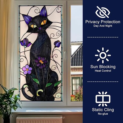 HOMETITUTE Gothic Black Cat Window Film Stained Glass Window Film Privacy Sun Blocking Static Cling Sticker Privacy Decorative Purple Flowers for Glass Door Bedroom Living Room 17.7 x 39.3 Inch in Saudi Arabia