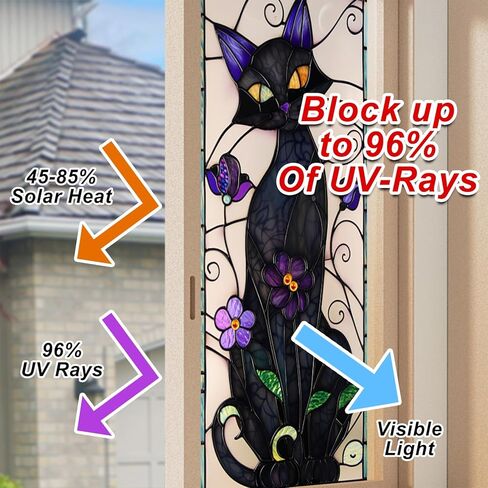 HOMETITUTE Gothic Black Cat Window Film Stained Glass Window Film Privacy Sun Blocking Static Cling Sticker Privacy Decorative Purple Flowers for Glass Door Bedroom Living Room 17.7 x 39.3 Inch in Saudi Arabia
