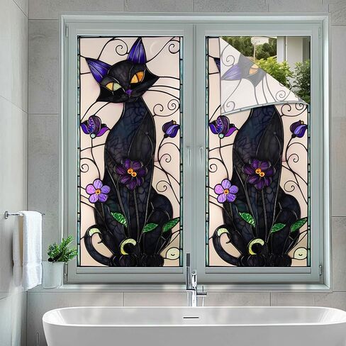 HOMETITUTE Gothic Black Cat Window Film Stained Glass Window Film Privacy Sun Blocking Static Cling Sticker Privacy Decorative Purple Flowers for Glass Door Bedroom Living Room 17.7 x 39.3 Inch in Saudi Arabia