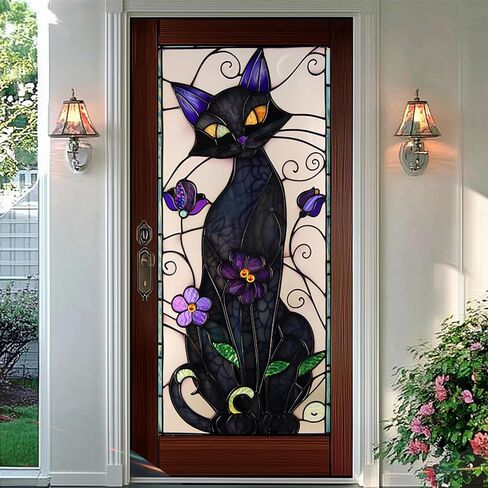 HOMETITUTE Gothic Black Cat Window Film Stained Glass Window Film Privacy Sun Blocking Static Cling Sticker Privacy Decorative Purple Flowers for Glass Door Bedroom Living Room 17.7 x 39.3 Inch in Saudi Arabia