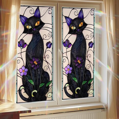 HOMETITUTE Gothic Black Cat Window Film Stained Glass Window Film Privacy Sun Blocking Static Cling Sticker Privacy Decorative Purple Flowers for Glass Door Bedroom Living Room 17.7 x 39.3 Inch in Saudi Arabia
