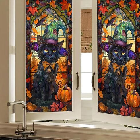 HOMETITUTE Gothic Black Cat Window Film Stained Glass Window Film Privacy Sun Blocking Static Cling Sticker Privacy Decorative Purple Flowers for Glass Door Bedroom Living Room 17.7 x 39.3 Inch in Saudi Arabia