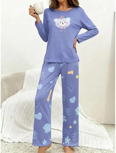 2PCS Women Pajama Set Long Sleeve Round Neck Top and Matching Pants Home Sleepwear Printed Cute Style Calm Night Outfit in Saudi Arabia