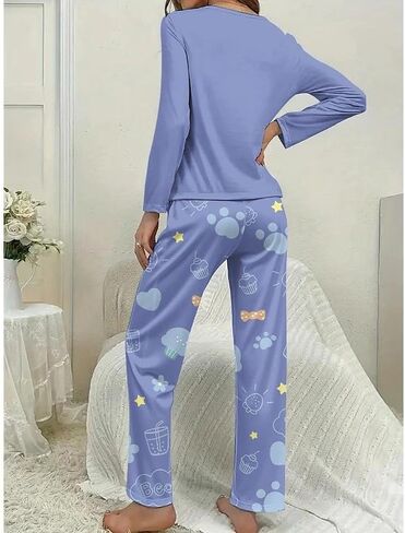 2PCS Women Pajama Set Long Sleeve Round Neck Top and Matching Pants Home Sleepwear Printed Cute Style Calm Night Outfit in Saudi Arabia