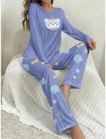 2PCS Women Pajama Set Long Sleeve Round Neck Top and Matching Pants Home Sleepwear Printed Cute Style Calm Night Outfit in Saudi Arabia