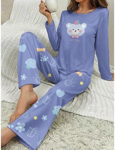 2PCS Women Pajama Set Long Sleeve Round Neck Top and Matching Pants Home Sleepwear Printed Cute Style Calm Night Outfit in Saudi Arabia
