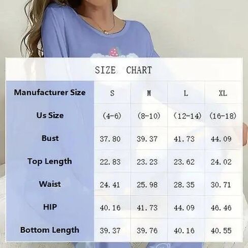 2PCS Women Pajama Set Long Sleeve Round Neck Top and Matching Pants Home Sleepwear Printed Cute Style Calm Night Outfit in Saudi Arabia