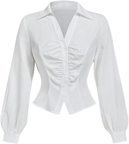 Floerns Women's Button Down Shirts Ruched Bishop Sleeve Dressy Casual Blouse Top in Saudi Arabia