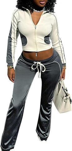 ECHOINE مجموعات تجريب للنساء كم طويل اللون كتلة الرمز البريدي سترة عالية الخصر Sweatpants مجموعة 2 قطعة وتتسابق in Kuwait
