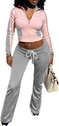 ECHOINE مجموعات تجريب للنساء كم طويل اللون كتلة الرمز البريدي سترة عالية الخصر Sweatpants مجموعة 2 قطعة وتتسابق in Kuwait