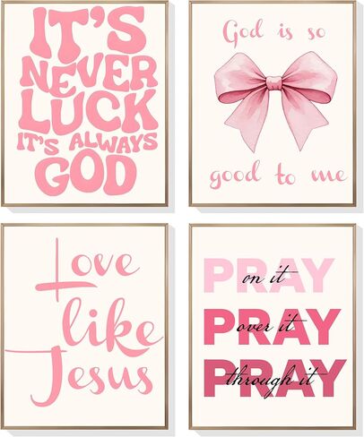 EVER-GOING TUNE Pink Girly Jesus جدار ديكور مجموعة من 4، آيات الكتاب المقدس الملهمة ملصق القوس، آيات الكتاب المقدس الملهمة القوس ديكور الفن، للفتيات غرفة نوم شقة ديكور السكن الجامعي، 8x10 غير مؤطرة in Kuwait
