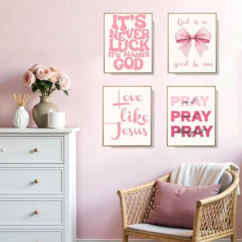 EVER-GOING TUNE Pink Girly Jesus جدار ديكور مجموعة من 4، آيات الكتاب المقدس الملهمة ملصق القوس، آيات الكتاب المقدس الملهمة القوس ديكور الفن، للفتيات غرفة نوم شقة ديكور السكن الجامعي، 8x10 غير مؤطرة in Kuwait