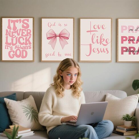EVER-GOING TUNE Pink Girly Jesus جدار ديكور مجموعة من 4، آيات الكتاب المقدس الملهمة ملصق القوس، آيات الكتاب المقدس الملهمة القوس ديكور الفن، للفتيات غرفة نوم شقة ديكور السكن الجامعي، 8x10 غير مؤطرة in Kuwait